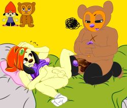 anime_style anthro bear bed bedroom belly blush_lines canine condom drooling fat friends furry hat imminent_penetration imminent_sex looking_at_partner navel nervous parappa parappa_the_rapper penis pj_berri purple_tongue socks socks_on spread_legs stockings tank_top tank_top_lift teddy_bear thick_thighs thighhighs tongue twink unfinished unfinished_version yukarin_(artist)