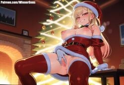 ai_generated ai_generated_background blonde_hair christmas christmas_headwear christmas_outfit christmas_tree fireplace kitagawa_marin multicolored_hair nipples patreon patreon_username piercing piercings red_stockings santa_hat smile spread_pussy tagme white_gloves wienergens