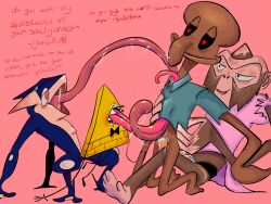 2boys 2girls alright_buddy bill_cipher bootycheeks cartoon_network cephalopod disney disney_channel disney_xd evil evil_squidward female foursome frog generation_6_pokemon glassesdude gravity_falls greninja licking male miss_simian monkey nickelodeon nintendo octopodiform octopus orgy original_character pokemon pokemon_(species) saddfoxx say_gex scissoring spongebob_squarepants squidward_tentacles strap-on strap-on_in_ass tentacle tentacle_sex the_amazing_world_of_gumball tongue weird weird_crossover what