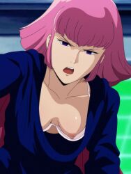 1girls blue_clothing bra downblouse exposed_breasts exposed_nipples gundam gundam_zz haman_karn light-skinned_female light_skin pink_hair purple_eyes salmon_knight solo wardrobe_malfunction