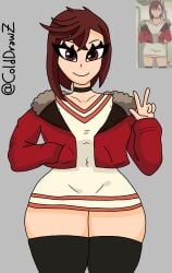 ayase_momo big_ass big_breasts big_breasts big_thighs black_socks brown_eyes brown_hair dandadan red_jacket white_dress