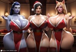 ada_wong ahri ai_assisted ai_baddies ai_generated asian asian_female belt big_breasts black_hair blonde_hair bob_cut brown_eyes brown_hair christmas christmas_outfit curvaceous curvy curvy_body curvy_female curvy_figure curvy_hips earrings festive fox_ears holidays hoop_earrings hoop_earrings_oversized k/da_ahri k/da_series kitsune large_breasts league_of_legends lingerie long_hair massive_breasts overwatch overwatch_2 patreon patreon_logo patreon_url patreon_username purple_hair purple_skin red_dress red_stockings resident_evil resident_evil_2 santa_hat short_hair stockings thick_ass thick_thighs voluptuous waist_belt white_female widowmaker winter yellow_eyes