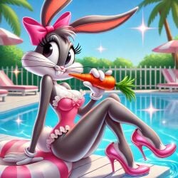 after_transformation ai_generated bikini bugs_bunny carrot high_heels lingerie looney_tunes mtf_transformation poolside rule_63