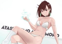 1girls ayase_momo bra brown_eyes brown_hair dandadan earrings jewelry navel panties solo underwear white_bra white_panties