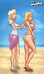 2024 2d 2d_(artwork) 2girls american_flag american_flag_bikini ass beach big_ass big_breasts bikini bikini_bottom bikini_strings bikini_top blonde_female blonde_hair blonde_hair bottomwear bra breasts bubble_ass bubble_butt clothed clothing digital_drawing_(artwork) digital_media_(artwork) duo earrings female female_focus female_only joakadraws light-skinned_female light_skin long_hair panties presenting presenting_ass roxxy_(summertime_saga) sand sara_(summertime_saga) standing summertime_saga teenage_girl teenager thick_ass topwear watermark