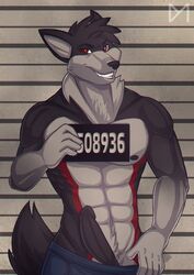 1boy abs anthro black_fur black_penis black_skin canine clothing criminal diaminerre erection furry male male_only mammal nipples nude number pants penis red_eyes red_fur sign smile solo text topless torso white_fur wolf