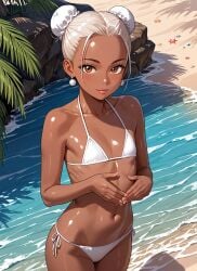 ai_generated beach beautiful_background bikini brown_body brown_skin dark-skinned_female earrings female female_only flat_chest hair_bun hands_up hi_res looking_at_viewer petite_body seekster shiny_skin small_breasts solo standing_up tagme tight_bikini tight_swimsuit two_piece_swimsuit white_hair