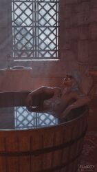 bath bathing breasts ciri closed_eyes completely_nude female fluidity3d foam hot_tub kaer_morhen light-skinned_female mascara nude scar shower solo the_witcher_(series) the_witcher_3:_wild_hunt white_hair witcher_medallion