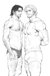 2males bara blonde_hair_male body_hair brown_hair_male bulge curly_(mouthwashing) facial_hair jimmy_(mouthwashing) looking_at_viewer male_focus male_only monochrome mouthwashing muscular muscular_male scowl smiling thick_eyebrows underwear_only