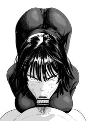 :>= angry angry_expression angry_eyes angry_face angry_fellatio assertive_female big_ass blowjob blowjob_face censored clothed_female_nude_male dominant_female face_down_ass_up fubuki_(one-punch_man) furious iwao178 one-punch_man pubes_in_mouth pubic_hair stray_pubic_hair veiny_penis