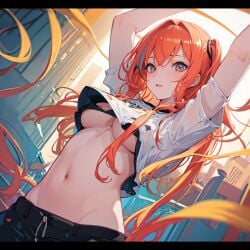 ai_generated breasts clothed_female clothing cute orange_hair posing red_hair stable_diffusion underboob