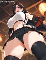 1girls ai_generated black_hair breasts female female_only final_fantasy large_breasts light-skinned_female light_skin long_hair looking_at_viewer looking_down lucyla midriff red_eyes skirt solo thighhighs thighs tifa_lockhart