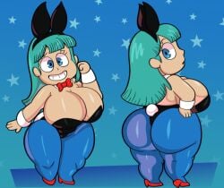 4_fingers ass bangs big_ass big_breasts blue_eyes blue_hair bowtie breasts bubble_butt bulma_briefs bunnysuit chubby cleavage dragon_ball dragon_ball_(classic) eyelashes hand_on_hip heels human leotard nervous_smile oolong playboy_bunny red_heels shortstack someth1ngoranother teenage_bulma transformation wavy_hair