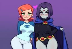 2024 2girls ai_generated ben_10 big_breasts big_thighs breasts cartoon_network clothed crossover cute_female cute_girl dc dc_comics demon demon_girl demoness duo green_eyes grey_skin grey_skinned_female gwen_tennyson mullon novelai open_legs orange_hair purple_eyes purple_hair purple_hair_female purple_hood purple_hoodie rachel_roth raven_(dc) smiling superheroine teenage_girl