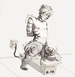 anthro arms_tied bondage bound chastity_cage chastity_device cock_and_ball_torture collar cuff_(restraint) dildo duct_tape earplugs electrostimulation felid genital_torture hi_res large_insertion machine machine_bondage male mammal pantherine penetration penis predicament_bondage restraints riding_dildo sex_toy solo tape tiger trickdog