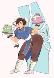 1girls breasts broken_glass cake cakes chun-li clothed clothed_female female female_only food full_body fully_clothed glass holding holding_plate kamii_momoru looking_back open_mouth solo solo_female street_fighter