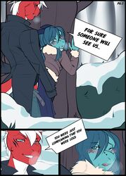 anthro blush breath clothed clothing comic dragon duo female hair horn hug male outside sex snow standing straight teil