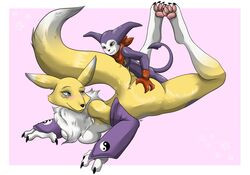 1boy 1girls aby-malor ambiguous_penetration anthro ass ass_grab blue_eyes blush breast_squish breasts butt_grab canine chest_tuft clothing digimon female female_penetrated fox from_behind_position fur furry gloves green_eyes hand_on_ass happy happy_sex imp impmon larger_female larger_penetrated legs_up looking_back love lying male male/female male_penetrating male_penetrating_female mammal nude on_front raised_tail renamon romantic_couple sex simple_background size_difference smaller_male smile straight tail tuft white_fur yellow_fur