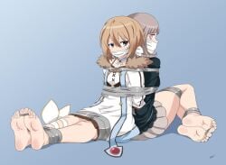 2girls bare_shoulders barefoot blanc bondage brown_hair choujigen_game_neptune cloth_gag cloth_over_mouth coat cpu_(goddess) danganronpa dark_blue_eyes dress fur_trim gamer_girl hair_between_eyes jacket lostonezero nanami_chiaki otm_gag petite pink_eyes pink_hair short_hair tape_bondage tied_together white_dress white_skin worried_expression