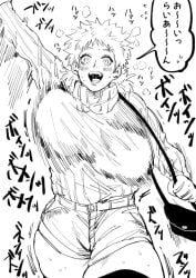 big_breasts blush bouncing_breasts breath female female_only fully_clothed genderswap_(mtf) heavy_breathing huge_breasts kengan_(series) kengan_ashura monochrome motion_lines mullet pixiv_id_10482186 plump purse rihito rule_63 short_shorts shorts sketch slightly_chubby slightly_chubby_female smile solo sweat sweater thick_thighs thighhighs turtleneck turtleneck_sweater waving zettai_ryouiki