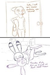 2017 anthro canine cheating cheating_girlfriend clothed clothing comic cuckold dialogue disney english_text female fox group jack_savage judy_hopps lagomorph lying male mammal missionary_position monochrome nick_wilde nude on_back on_top rabbit restricted_palette sex simple_background sketch sofa straight text tggeko white_background zootopia