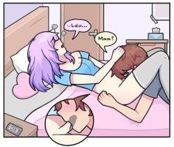 1boy1girl bed bedroom blowjob blue_shirt blush bottomless brown_hair closed_eyes dominant_male fellatio female/male femsub girl_cock hands_on_head head_between_legs head_between_thighs indoors lavender_hair leo_(welcome_to_heaven) lgbt light-skinned_male lila_(welcome_to_heaven) lying_on_back lying_on_bed male/female maledom oral oral_sex pale-skinned_female penis_in_mouth purple_hair romantic_couple romantic_sex soft_drop straight submissive_female sucking_dick sucking_penis thigh_highs thighhighs tissue tissue_box tongue trans_woman trans_woman_(lore) transfem transgender_woman welcome_to_heaven x-ray