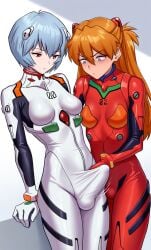 1futa 1girls ai_generated asuka_langley_sohryu blue_eyes blue_hair bodysuit bulge erection erection_under_clothes expressionless female futanari long_hair medium_breasts neon_genesis_evangelion red_bodysuit red_eyes red_hair rei_ayanami short_hair tsundere white_bodysuit