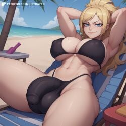 1futa ai_generated beach big_breasts bikini blonde_hair blonde_hair blue_eyes breasts bulge_through_clothing fairy_tail futa_only futanari hands_on_head jenny_realight justraven light-skinned_futanari nipple_bulge smile smiley_face spread_legs thick_thighs thighs