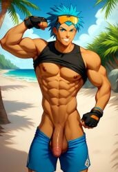 abs ai_generated balls biceps big_balls big_penis blue_eyes blue_hair blush brawly_(pokemon) flexing gay looking_at_viewer male male_only muscular muscular_male nipples nude_male open_mouth orange_eyewear pants_down pecs penis pokemon pokemon_rse shirt_up smile toned_body toned_male twall97