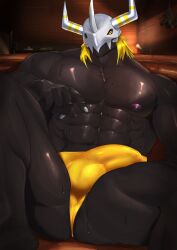 abs anthro armor bandai_namco black_body blackwargreymon blonde_hair bulge caproicyuhki detailed_bulge digimon digimon_(species) furniture hair headgear helmet hi_res horn male male_only muscular muscular_anthro muscular_male nipples pecs sofa solo yellow_eyes