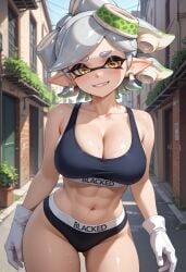 ai_generated blacked blacked_clothing blush breasts civitai cleavage earrings female gloves grey_hair grin hair_ornament inkling large_breasts marie_(splatoon) midriff mole mole_under_eye nintendo outdoors panties pointy_ears public solo splatoon splatoon_(series) sports_bra sweat tentacle_hair thick_thighs toned toned_female yellow_eyes