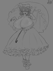 breasts breasts_bigger_than_head co03but female frilled_dress gigantic_breast hat large_breasts looking_at_viewer mob_cap remilia_scarlet solo solo_female tongue_out touhou umbrella vampire voluptuous voluptuous_female