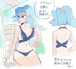 1girls back bikini blue_eyes blue_hair breasts chair clair_(pokemon) collarbone earrings flower jewelry navel nintendo pokemon pokemon_hgss ponytail shu_(witb_) swimsuit tan tan_body translation_request