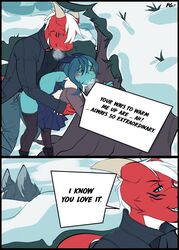 anthro bent_over breath clothed clothed_sex clothing comic dragon duo english_text female from_behind_position hair horn male outside sex smile snow standing straight teil text