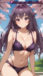 1girls ahoge ai_generated anime anime_style asian bangs bare_arms bare_shoulders black_bra black_hair black_panties blue_sky blush bow bow_bra bow_panties bra breasts bust busty cherry_blossoms cleavage closed_mouth collarbone cowboy_shot day female female_focus female_only hair_flaps hair_intakes hentai highleg koshi_anko lace-trimmed_bra lace-trimmed_panties lace_trim large_breasts lingerie long_hair looking_at_viewer medium_breasts multi-strapped_panties my_deer_friend_nokotan natsuyoru navel outdoors panties pantsu purple_bra purple_eyes purple_hair purple_panties sitting sky smile solo solo_female stomach string_panties thighs tree underwear underwear_only voluptuous voluptuous_female