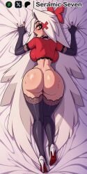 1girls 2d ai_generated body_pillow body_pillow_design bubble_ass bubble_butt dakimakura dakimakura_design female from_above hazbin_hotel large_ass long_hair looking_at_viewer looking_back seramic_seven sheets vaggie_(hazbin_hotel)