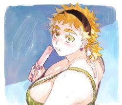 big_breasts blonde_hair blush cleavage earrings female female_only fully_clothed genderswap_(mtf) green_eyes hairband kengan_(series) kengan_ashura looking_at_viewer looking_back medium_hair mullet pale-skinned_female pale_skin popsicle rihito rule_63 sideboob solo sweat tank_top thehounds thick_eyebrows thick_eyelashes upper_body wholesome