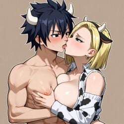 1female 1male ai_generated android_18 blonde_hair cow_costume crossover dragon_ball dragon_ball_gt dragon_ball_super dragon_ball_z fairy_tail gray_fullbuster kissing