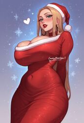 1girls ai_generated belly_button blonde_hair blush candypinklips christmas christmas_hat christmas_outfit ear earrings eyelashes gradient_background green_eyes half-closed_eyes heart_around_head huge_breasts long_hair looking_at_viewer merry_christmas milf milf_body navel navy_blue_background neckline oleana_(pokemon) pokemon red_dress red_lipstick sexy_pose snowflakes standing thick_hips watermark