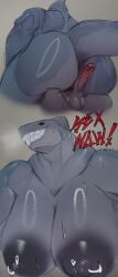 1boy 1girls 4ears_5eyes anthro big_breasts demanding_sex dominant dominant_female fat_ass huge_ass huge_breasts larger_female pierced_nipples piercings shark shark_girl shark_tail sharp_teeth thick_ass