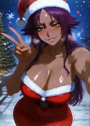 ai_generated bleach blush breasts christmas christmas_outfit gintoai looking_at_viewer shihouin_yoruichi v