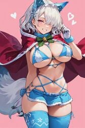 1girls ai_generated animal_ears bikini blue_bikini blue_skirt blue_thighhighs blush bow bowtie breasts cape christmas christmas_outfit cleavage cosplay cowboy_shot fur-trimmed_gloves fur_trim gloves grey_hair grin hair hair_ornament hand heart heart_o-ring hood large_breasts looking_at_viewer microskirt miniskirt navel o-ring over_one_eye pink_background pink_eyes red_cape revealing_clothes short_hair shortstack simple_background skindentaton skirt smile solo stable_diffusion stomach swimsuit tail thighhighs thighs up vsk-94_(christmas_eve_detective)_(girls'_frontline) white_gloves white_hair wolf_ears wolf_tail