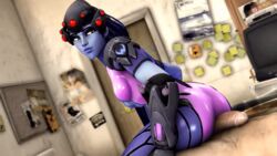 1boy 3d animated ass bedroom blizzard_entertainment bodysuit breasts buttjob clothed_sex cowgirl_position female gif indoors looking_back overwatch penis sex sfmarvel skin_tight uncensored widowmaker