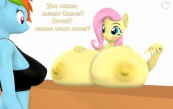 3d_(artwork) absurd_res anthro anthrofied big_breasts boobs?_wanna_touch_boobs? bra breasts clothing digital_media_(artwork) duo english_text equid equine female female/female fluttershy_(mlp) friendship_is_magic furniture hasbro hi_res horse huge_breasts hyper hyper_breasts looking_at_another mammal marshmallow-pone meme my_little_pony mythological_creature mythological_equine mythology nipples offering_to_another pegasus pony rainbow_dash_(mlp) sports_bra table text underwear wings