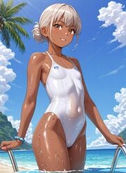 ai_generated beach beautiful_background bikini brown_body brown_skin dark-skinned_female earrings female female_only flat_chest hair_bun hands_up hi_res looking_at_viewer one_piece_swimsuit petite_body pool seekster shiny_skin small_breasts solo standing_up swimsuit swimwear tagme tight_bikini tight_swimsuit two_piece_swimsuit water wet wet_skin white_hair