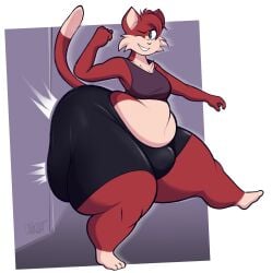 1boy anthro ass belly bulge bulge_through_clothing chubby chubby_male fat feline feline feline_humanoid femboy furry green_eyes hips hitting_wall_with_ass hyper_ass large_ass male male_focus male_only midriff red_fur shorts sports_bra stomach thick_thighs thighs unixcat wide_hips wink winking