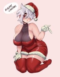 aunt_hellen_(insouwu) blush christmas christmas_outfit insouwu legwear oc on_knees original_character red_eyes santa_hat solo solo_female text white_hair