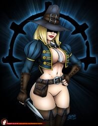 1girls 2023 ass big_ass big_breasts blonde_hair breasts breasts_out dagger darkest_dungeon female female_only grave_robber_(darkest_dungeon) hand_on_hip hat hersheys hi_res long_hair pussy red_lipstick smile smiling solo thick_thighs thighs weapon