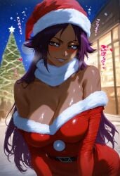 ai_generated bleach blush breasts christmas christmas_outfit gintoai looking_at_viewer shihouin_yoruichi