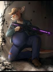 absurd_res anthro bahnbahn biped clothed clothing countershade_face countershade_tail countershading fingers hat headgear headwear hi_res kangaroo kole_(nauta) laser_rifle macropod male maleherm_(lore) mammal marsupial pregnant pregnant_anthro pregnant_male solo tail water_break